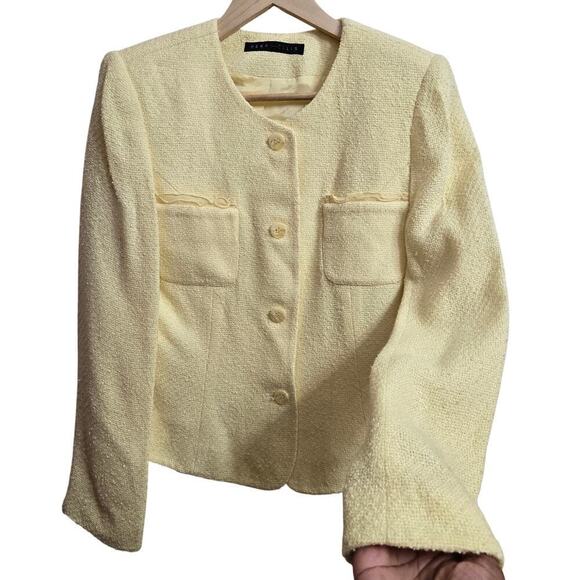 Vintage Y2K Perry Ellis Tweed Blazer 8 Yellow Old Money Prep Workwear Jacket - Picture 2 of 10